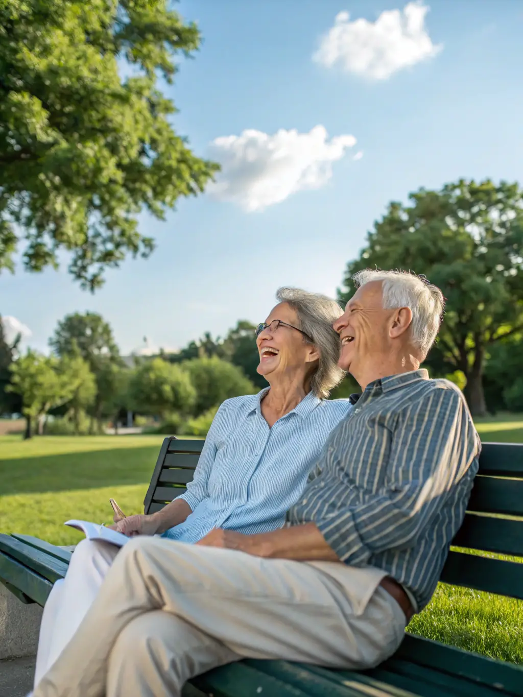 A senior Indian couple smiling and relaxed, enjoying their retirement, symbolizing the peace of mind achieved through effective retirement planning.