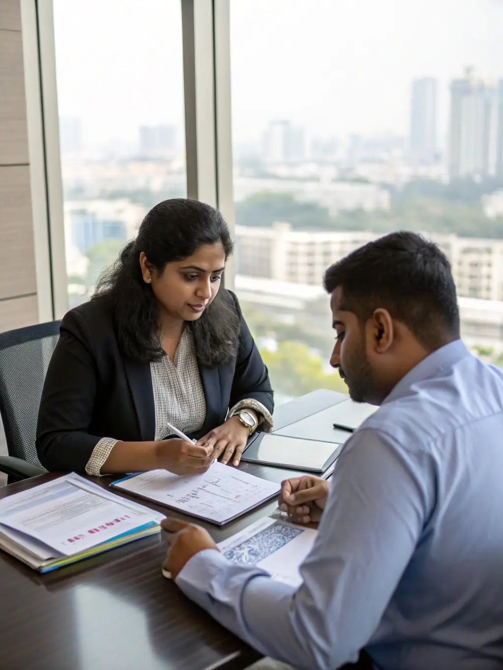 An image of a financial advisor discussing a budget plan with a young Indian family, with charts and documents on the table, representing budgeting and financial planning services.