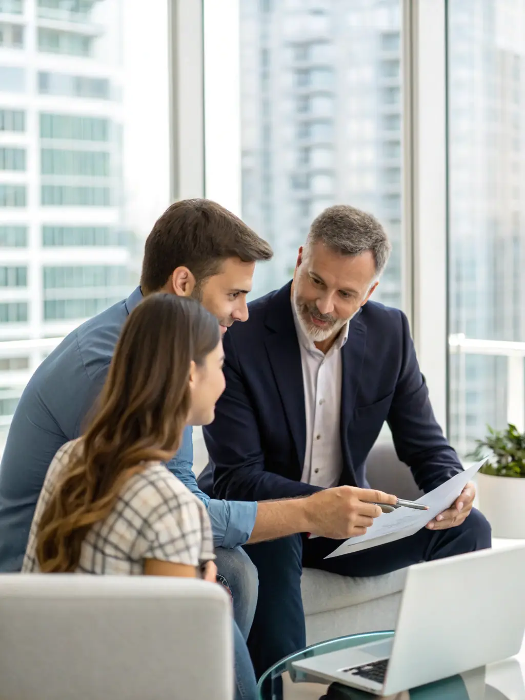 An image of a financial advisor explaining investment charts to an Indian couple, with Indian stock market graphs in the background, representing investment strategies.