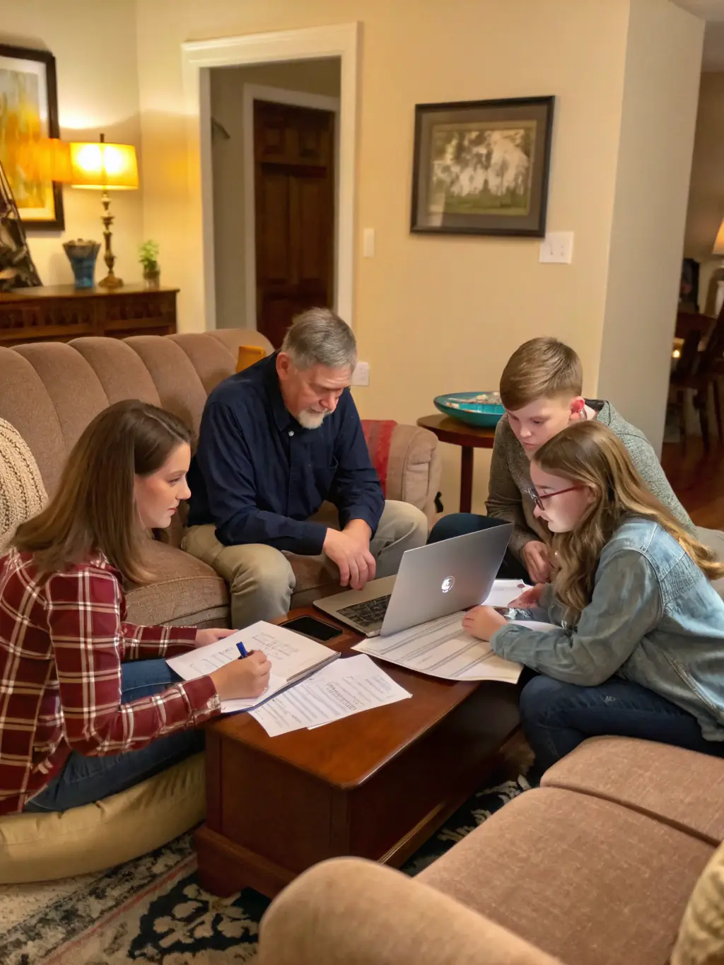 A family discussing their financial future with a consultant, emphasizing long-term planning and security.